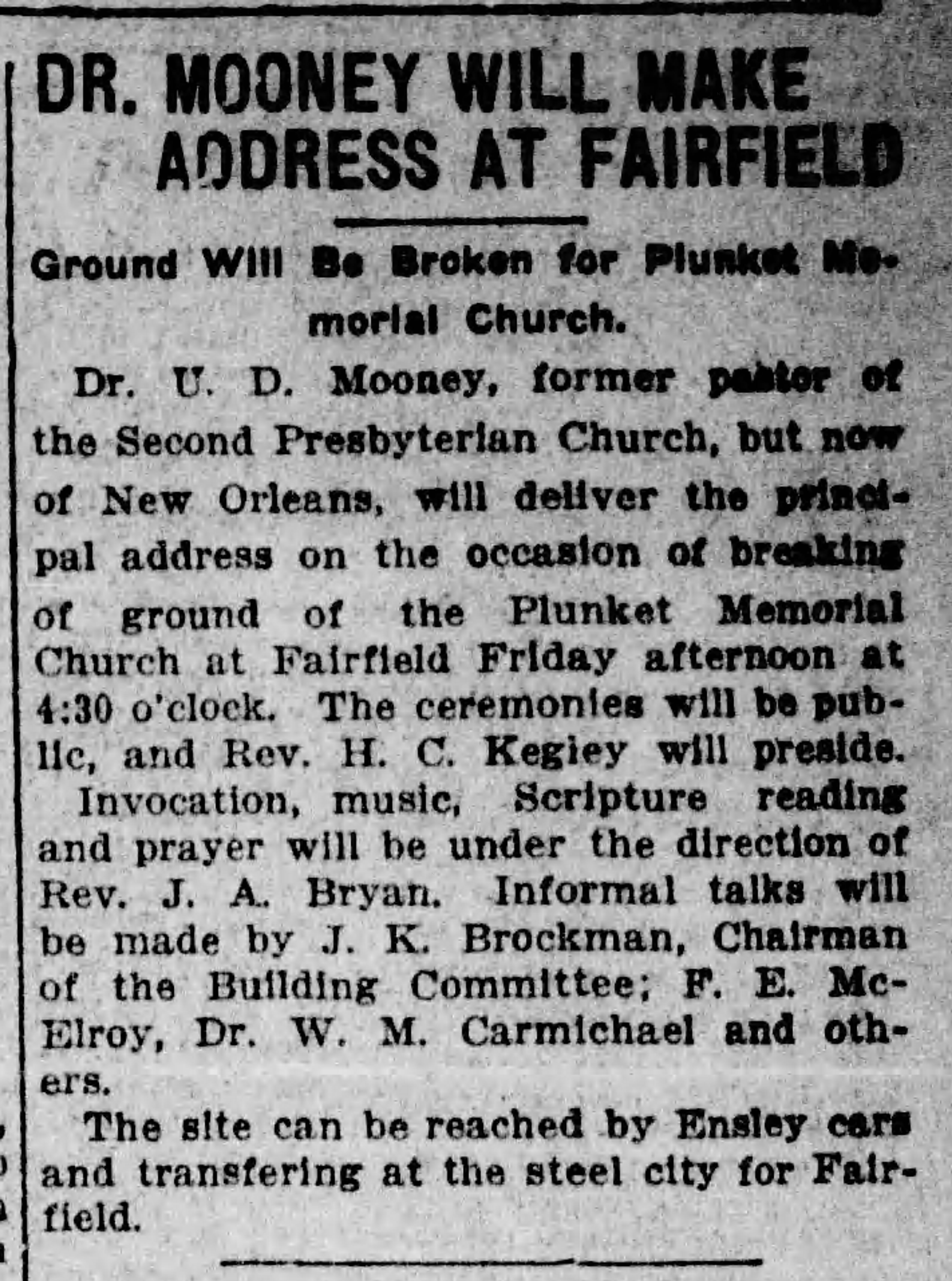 Dr. Mooney Will Make Address At Fairfield